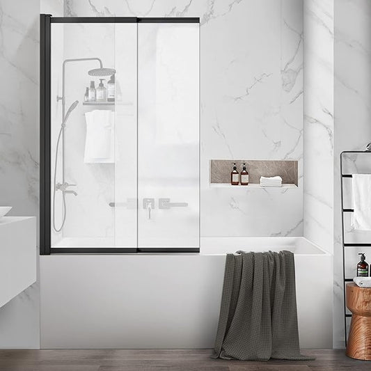 Bathtub Sliding Double Swing Door, Frameless Tempered Glass Shower Doors 22-36 * 55” Bathroom Screen Panel, Clear Deluxe Shower Door Matte Black
