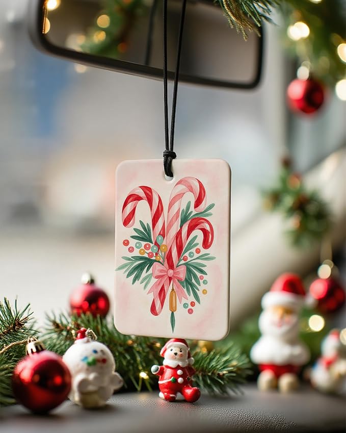 Preppy Christmas Berry Air Freshener 4 Pcs, Pastel Pink Green Candy Cane Bauble Bell Xmas Hanging Air Freshener for Cars Closet Drawer Books, Christmas Car Accessories Mirror Decor for Women