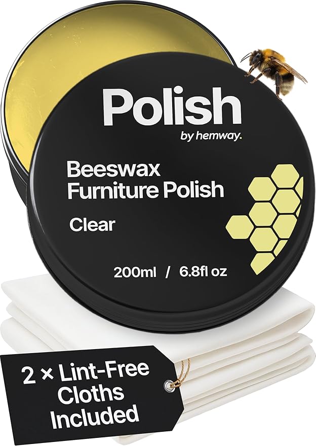Clear Beeswax Furniture Polish 200 ml / 6.8 fl oz, & 2 Lint-Free Cloths, Natural Furniture Wax for Wood Protection, For Every Color & Type, Wood Wax for Furniture, Restores & Protects, Long-Lasting