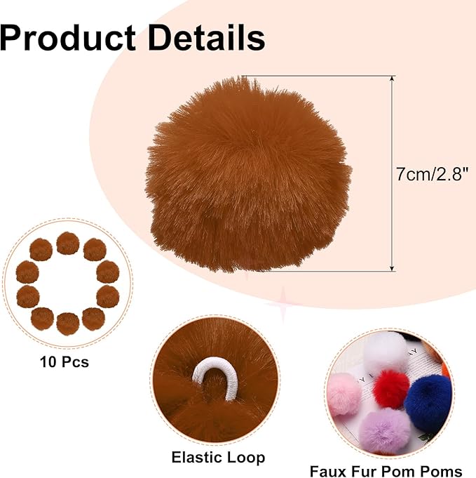 uxcell 2.8 Inch Faux Fur Pom Pom Balls, 10 Pcs Brown Fluffy Soft Faux Fur Pom Poms for Hats with Elastic Loop for DIY Knitting Hats Keychain Scarves Gloves Bags Shoes Accessories