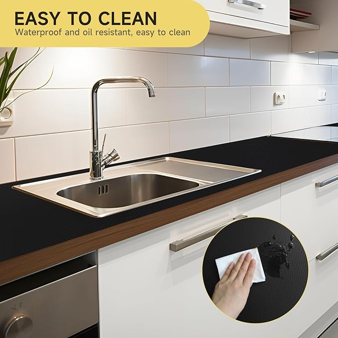 WochiTV Adhesive Shelf Liner 11.8 X 360 Inches Peel and Stick Kitchen Liner for Cabinets, Drawers Removable Protector Mat Waterproof Contact Covering for Dresser Pantry Countertops Shelves, Black