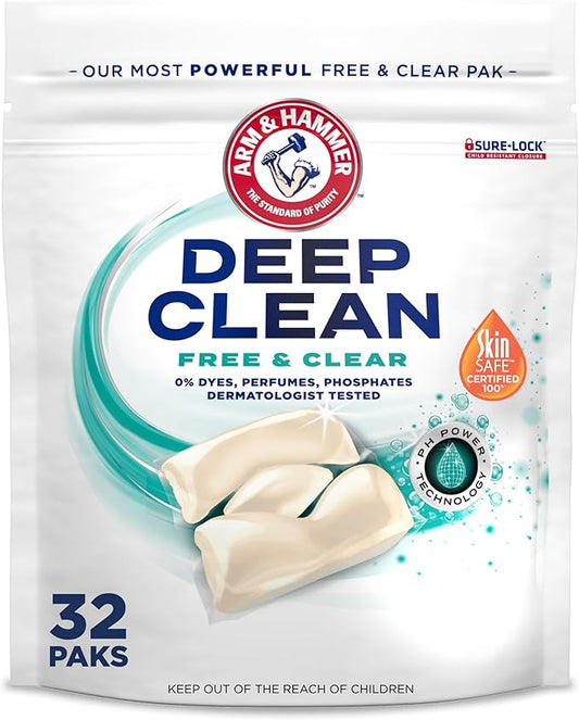 ARM & HAMMER Deep Clean Free & Clear Power Paks Concentrated Laundry Detergent, Free of Dyes, Perfumes and Phosphates, Dermatologist Tested, 32 Count