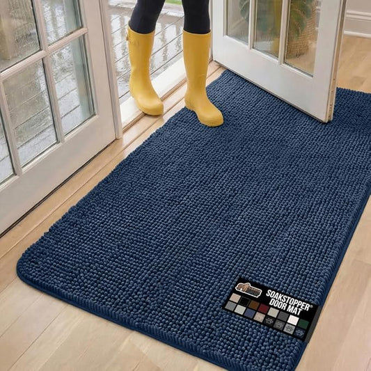 GORILLA GRIP SoakSTOPPER Dog Door Mat, 60x36 Machine Washable Rug Absorbent Doormat Captures Moisture Mud Dirt, Quick Dry Soft Chenille Entryway Rugs Indoor Entrance Mats for Dog Paws, Navy Blue