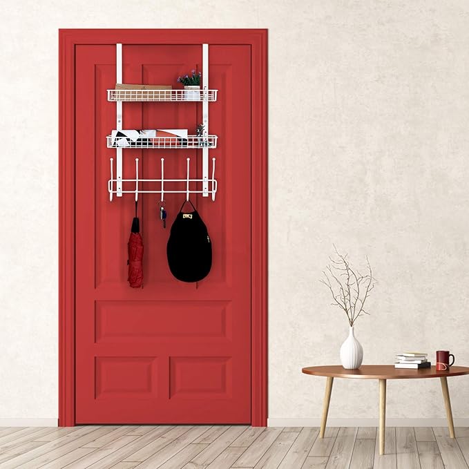 Over The Door Hanger with 2 Mesh Baskets 5 Hooks, Detachable Storage Organizer Rack for Coats, Hats, Handbags,Towels, Easy Install Metal Hanging Hook Rack Shelf, White