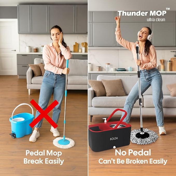 Thunder MOP Spin System - Ultra Clean - Single Bucket Microfiber Head, Stainless Steel Wringer, Antifungal Quick-Dry Cleaning, Soap Dispenser, 3 Free Refills (Navy/Cyan)