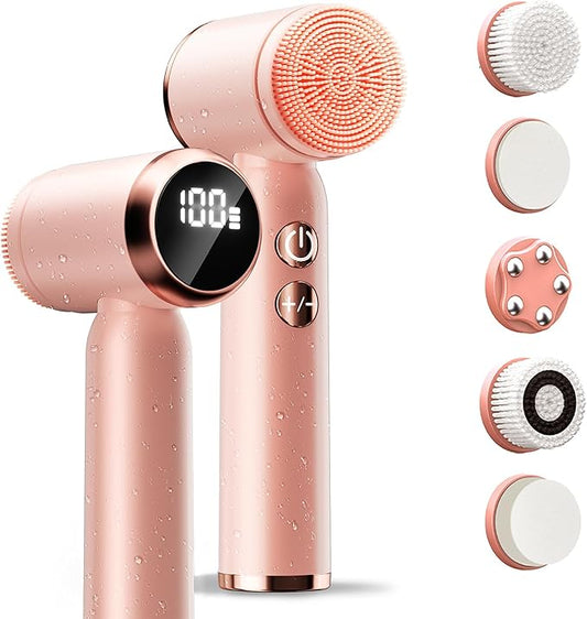 Electric Face Scrubber & Facial Cleansing Brush - 6-in-1 Exfoliating Face Scrubber Kit, 3 Speeds, IPX6 Waterproof Face Brush for Deep Cleaning, Massage & Gentle Exfoliation-Pink