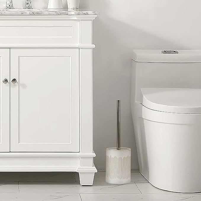 Bathroom Accessories Ceramic Toilet Brush Set - Toilet Bowl Brush and Holder (Ivory White)
