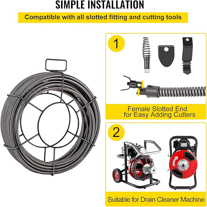 VEVOR Drain Cleaning Cable 100 ft x 1/2 inch Solid Core Cable Sewer Cable, Drain Auger Cable Cleaner, Snake Clog Pipe Drain Cleaning Cable W/Four Shapes of Cutters