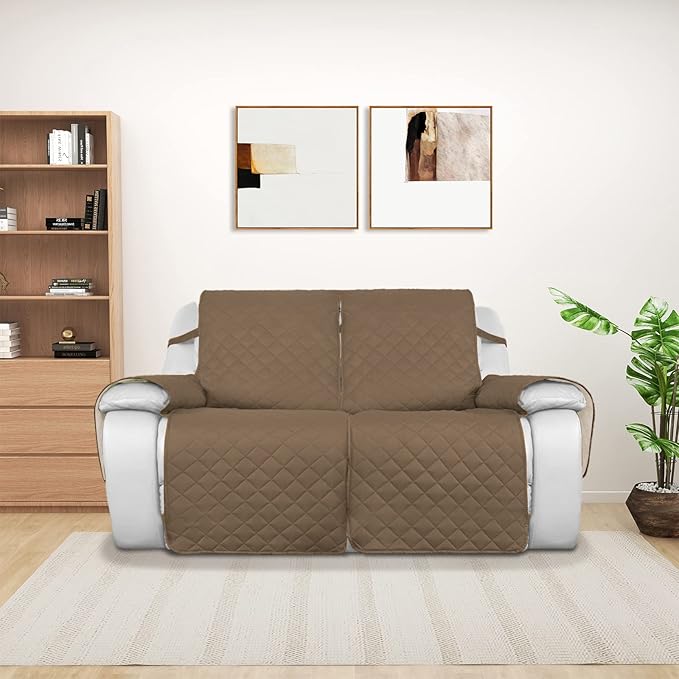 PureFit Water Resistant Reversible Sofa Covers for Reclining Sofa 2 Seat - Non Slip Split Recliner Couch Cover for Double Recliner, Washable Furniture Protector for Kids, Dogs (2 Seat, Camel/Ivory)