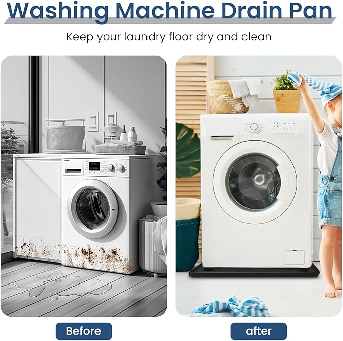 2-Pack Silicone Washing Machine Drip Pan - 27X27 inch Washing Machine Tray with Raised Edge, Non-Slip Trays for under Washer and Dryer, Washer Tray for Floor Protection, Washer Drain Pan (Black)