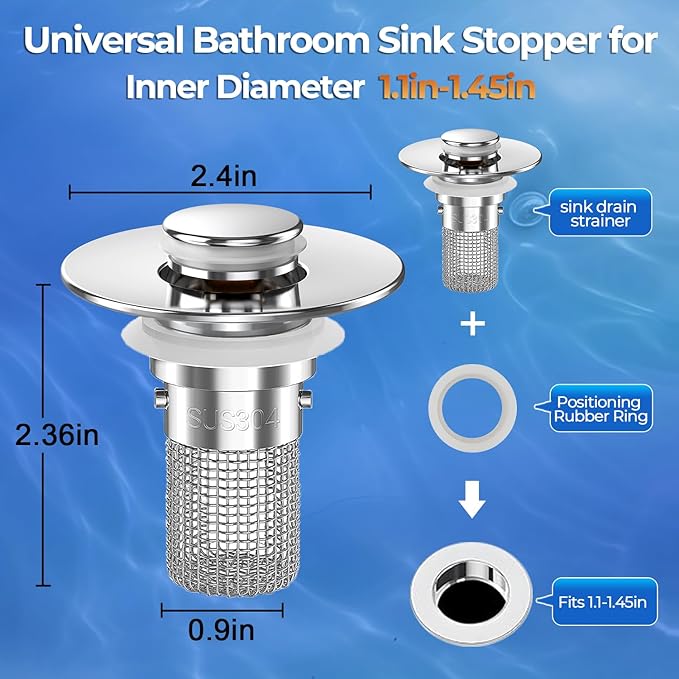 Sink Stopper Hair Catcher, Pop-up Sink Drain Strainer with Removable Stainless Steel Strainer Basket Hair Catcher, Bathroom Sink Strainer for Bathroom Sink Stopper Replacement (3PCS)