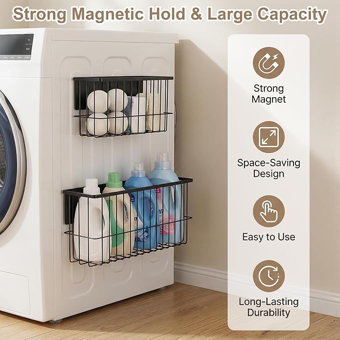 2 Pack Magnetic Laundry Basket - Dryer Ball Holder & Lint Bin Organizer for Refrigerator, Kitchen & Laundry Room Storage (L + XL, Black)