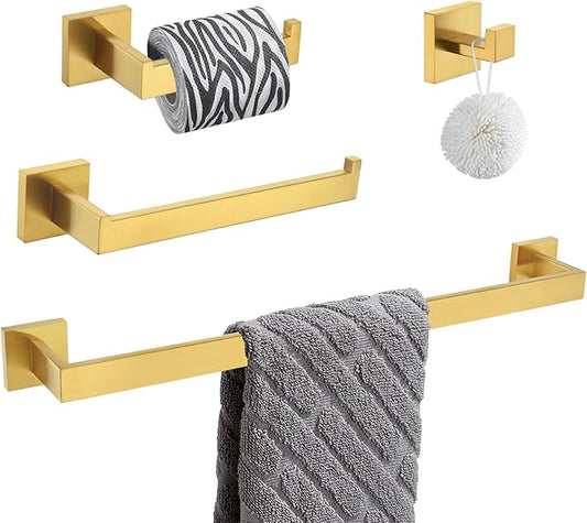 Bathroom Hardware Set 4-Piece, Angle Simple SUS304 Stainless Steel Bath Accessory Kit, Bathroom Fixture Set with Robe Hook, Toilet Paper Holder, Towel Holder and Towel Bar Brassy Gold