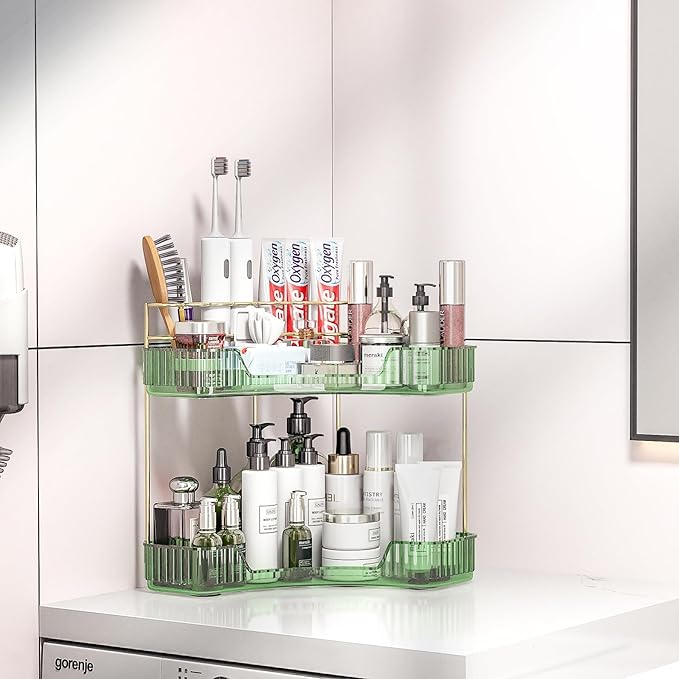 2 Tier Corner Bathroom Organizer Countertop, Vanity Makeup Organizer with Brush Holder, Space-Saving Skincare Storage Corner Shelf for Bathroom, Dressing Table, Kitchen