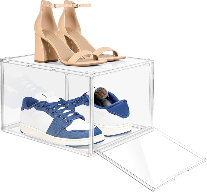 12 Pack Drop Front Shoe Boxes Acrylic Shoe Display Case Fit US Size 13, Clear Stackable Hat Sneaker Shoe Organizer for Closet, Entryway, Underbed, Multiple Display Cases for Hats, Figures, Sneakers