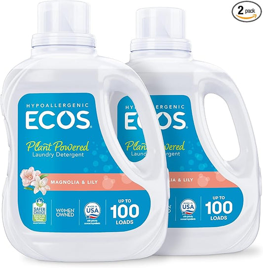 ECOS Laundry Detergent Liquid, 200 Loads - Dermatologist Tested Laundry Soap - Hypoallergenic, EPA Safer Choice Certified, Plant-Powered - Magnolia Lily, 100 Fl Oz (Pack of 2)