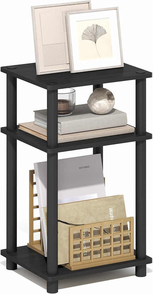 Furinno Turn-N-Tube Side Table, 3-Tier End Table with Open Shelf, Toolless Assembly Night Stand, Bedside Table, for Living Room, Bedroom, Dark Americano