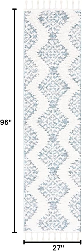 SAFAVIEH Moroccan Tassel Shag Collection Runner Rug - 2'3" x 8', Teal & Ivory, Rustic Trellis, Non-Shedding & Easy Care, 2-inch Thick Ideal for High Traffic Areas in Living Room, Bedroom (MTS652K)