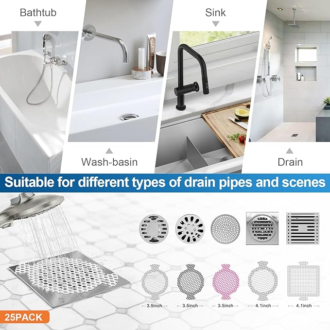 INVIHUG,25 Pack, Disposable Shower Drain Hair Catcher Mesh Stickers,Disposable Hair Drain Catcher. (White)