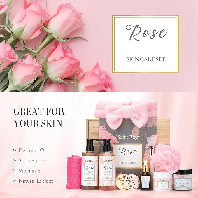 Spa Gifts for Women - 10pcs Self Care Kit with Rose Scented Facial Cleanser, Scrub, Body Wash, Clay Mask, Essential Oil