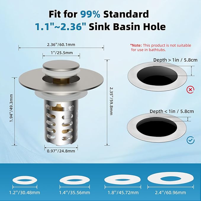 Upgraded Bathroom Sink Drain Strainer Hair Catcher 2PCS Universal 3 in 1 Pop-up Sink Stopper, Fit for 1.1''~2.36'' Basin Hole, with Detachable Stainless Steel Filter Basket, Brushed Nickle