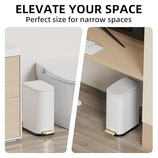 2.6 Gal Stainless Steel Trash Can with Soft Close Stay Open Lid, Small Rectangular 10L Waste bin for Narrow Space, Waterproof, Odor Protection, White