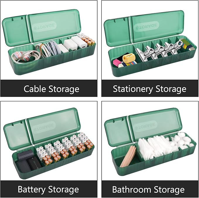 LUWOO Cable Organizer Box with 10 Wire Ties, Clear Charge Cord Management Cases with 7 Compartments, Desktop Drawer Organizer Storage Container, Wire Storage Box with Lid (Green)