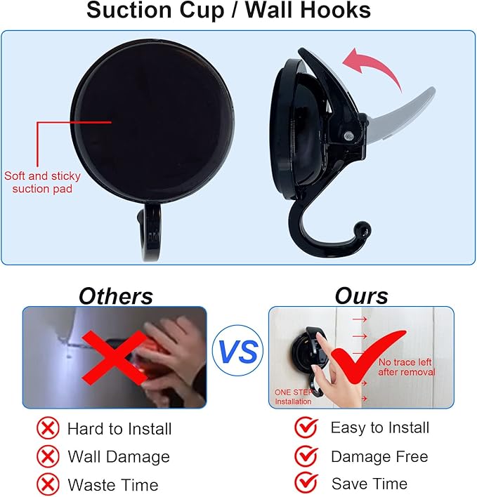 Heavy Duty Vacuum Suction Cup Hooks, ABS Plastic and TPU Rubber Shower Hooks, Bathroom Robe Hooks, Reusable, No Hole Punched, for Garland Decoration (Black, 2 Pack)