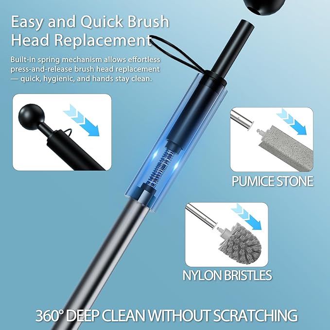 Toilet Bowl Cleaner Brush and Holder Set, Pumice Stone with Handle for Cleaning, 16.14 Inch Hard Water Stain Remover with 2 Different Types of Scrubbing Brushes, Wall Mounted Scouring Stick Household