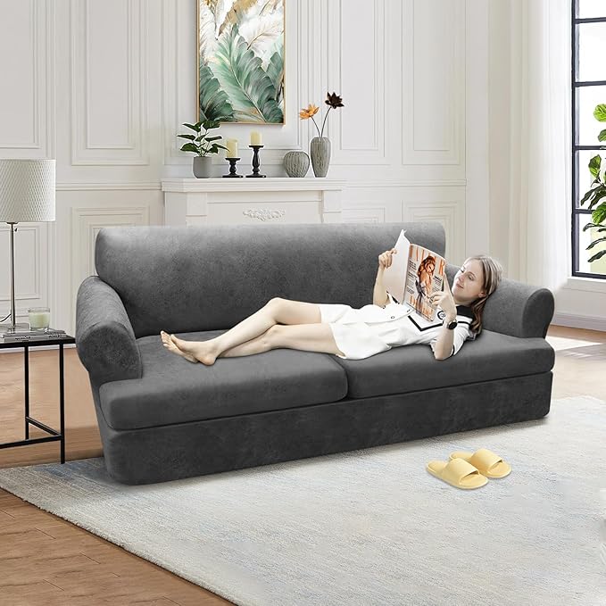 3-Pieces T Cushion Loveseat Slipcovers Leather Look Couch Cover Loveseat Covers for 2 Cushion Couch Furniture Protector Stretch Sofa Cover with 2 Individual T Cushion Seat Covers, Grey