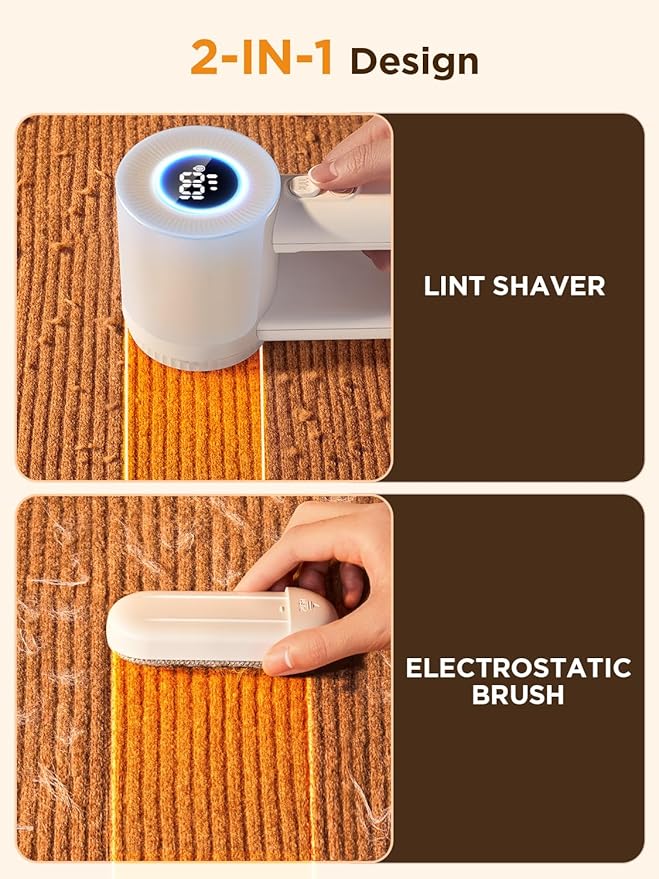 Rechargeable Fabric Shaver, Lint Remover for Clothes, Lint Shaver 6-Leaf Blades, 3-Speeds Lint Shaver with LED Display for Effortless Fuzz & Pill Removal for Clothes, Sweaters, Furniture, White