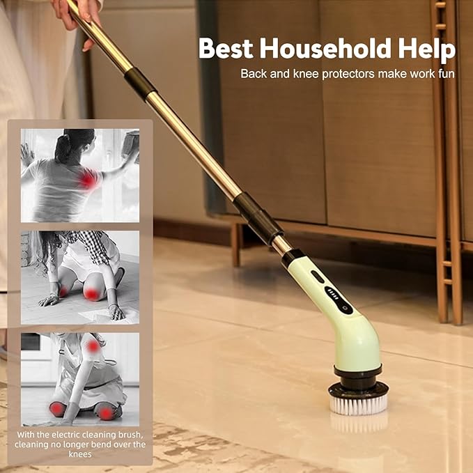 Cordless Electric Spin Scrubber, 9 Replacement Cleaning Heads IPX6 Dual Cleaning Brush with Extension Arm for Bathroom Bathtub Grout Tile Floor (9