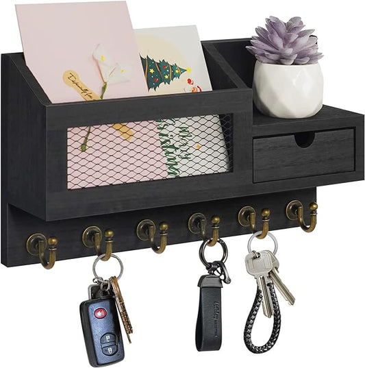 FifthQuarter Key and Mail Holder for Wall, Mail Organizer Wall Mount with 6 Hooks and Storage Drawer, Easy Installation Key Rack for Entryway and Home Decor (B-Black)