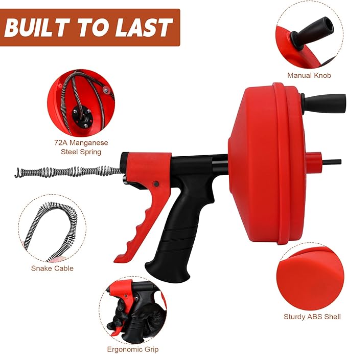 35 FT Double Mode Drain Snake Tools, 11-in-1 Drain Auger for Sink and Drain Unblocking, Plumbing Snake for Kitchen, Bathrom and Shower Sink, Snake for Real DYIs (Red) NEW