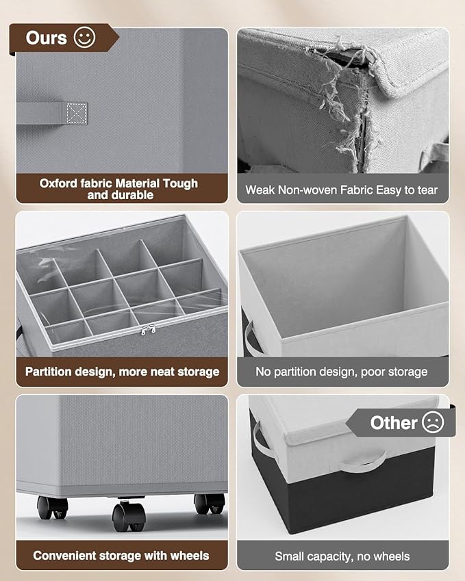 Shoe Organizer for Closet,House Again 2 Pack Shoe Storage Organizer with Wheels, Foldable Shoe Storage Box with Adjustable Dividers and Clear Cover, Reinforced Handles, Fits up to 12-24 Pairs, Gray