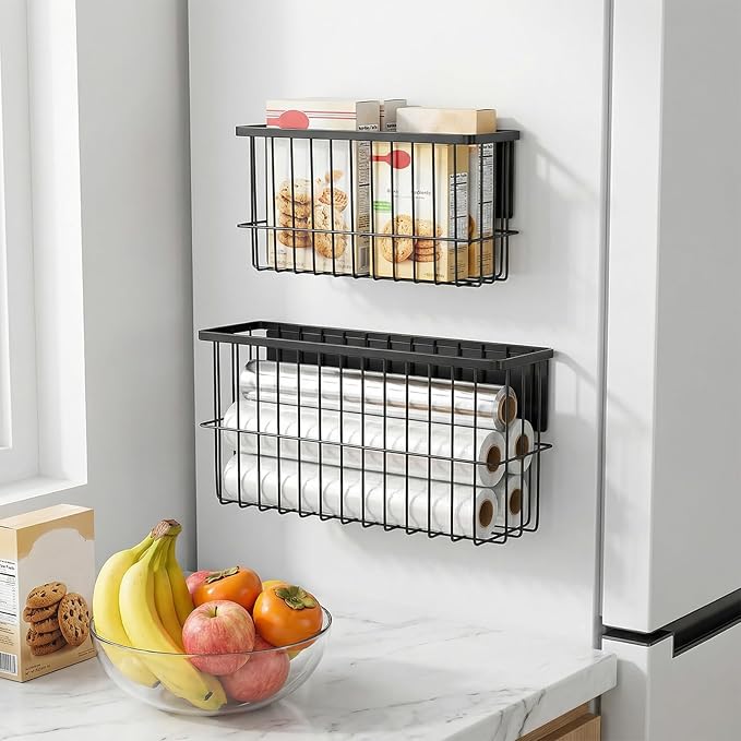 2 Pack Magnetic Laundry Basket - Dryer Ball Holder & Lint Bin Organizer for Refrigerator, Kitchen & Laundry Room Storage (L + XL, Black)