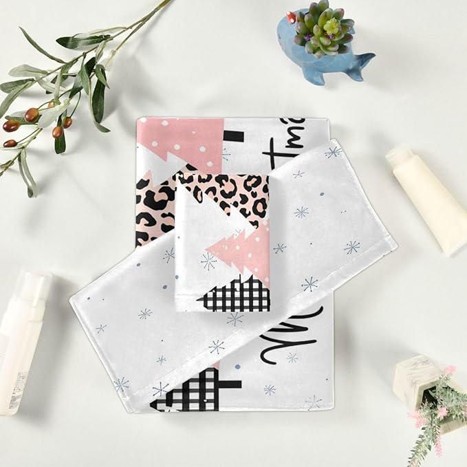 Pfrewn Plaid Pink Christmas Tree Towels Set of 3 Winter Forest Leopard Tree Grey Snowflakes Bathroom Towel Soft Absorbent Bath Hand Towels Washcloth Guest Towel Sets Xmas Holiday Decor