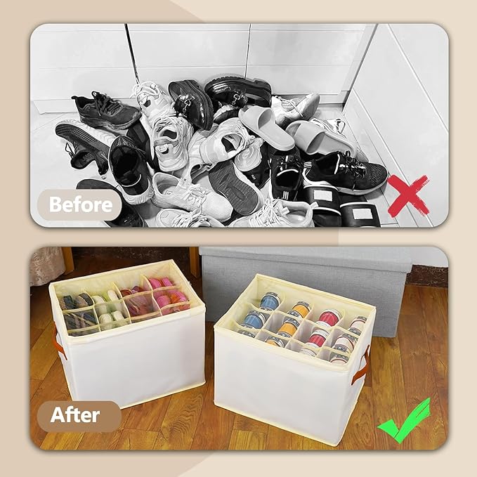 3 Pack Shoe Storage Box Organizer for Closet - 36 Cell Space Saver Shoes Containers Bin with Clear Lids Stackable, Can Fit Ottoman, Foldable Shoe Rack Cabinet Cubby for Wardrobe