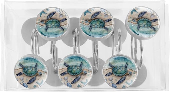 Beach Sea Turtle Shower Curtain Hooks Rings, Stainless Steel Rust Proof Shower Curtain Hooks, Decorative Shower Hooks for Bathroom Shower Rods Curtains, Set of 12