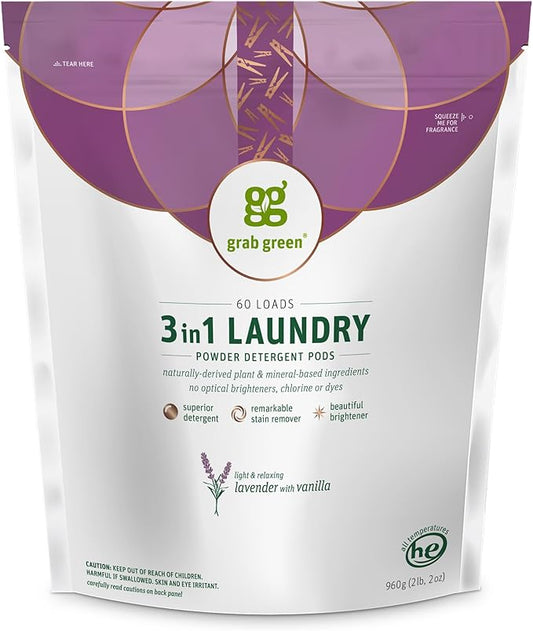 Grab Green Natural 3 in 1 Laundry Detergent Pods, Lavender + Vanilla-with Essential Oils, Organic Enzyme-Powered, Plant & Mineral-Based, White, 34 Oz, 60 Count
