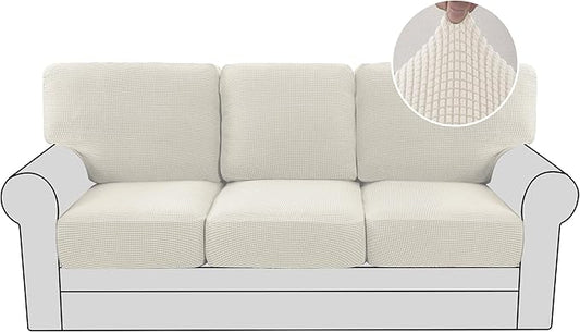 H.VERSAILTEX Multi-Pieces Sofa Covers for Three Cushion Couch Sofa High Stretch Seat Cover Jacquard Textured Twill Fabric(3 Seat Cover Plus 3 Back Cushion Covers, Ivory)