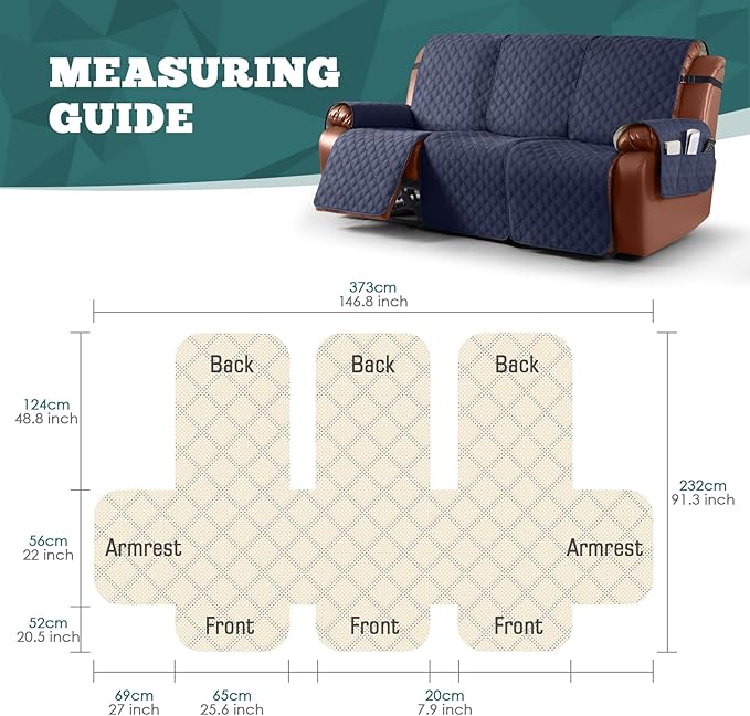 Ruaozz Waterproof Recliner Couch Covers, Sofa Slipcovers Washable 1-Piece Recliner Covers Non-Slip Furniture Protector with Elastic Straps Pocket for Kids Pets(Dark Blue, 3 Seater)