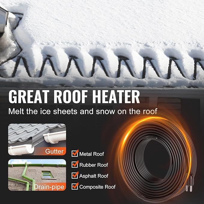 VEVOR Self-Regulating Pipe Heating Cable, 140FT 5W/FT Heat Tape for Pipes, Roof Snow Melting De-icing, Gutter and Pipe Freeze Protection