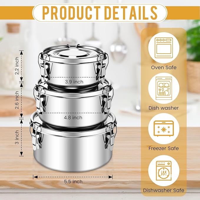 3 Pcs Stainless Steel Bento Box with Lockable Clips to Leak Proof Food Storage Containers Metal Lunch Container, Reusable Dishwasher Safe Lunch Snack Boxes(13 Oz, 22 Oz, 36 Oz)
