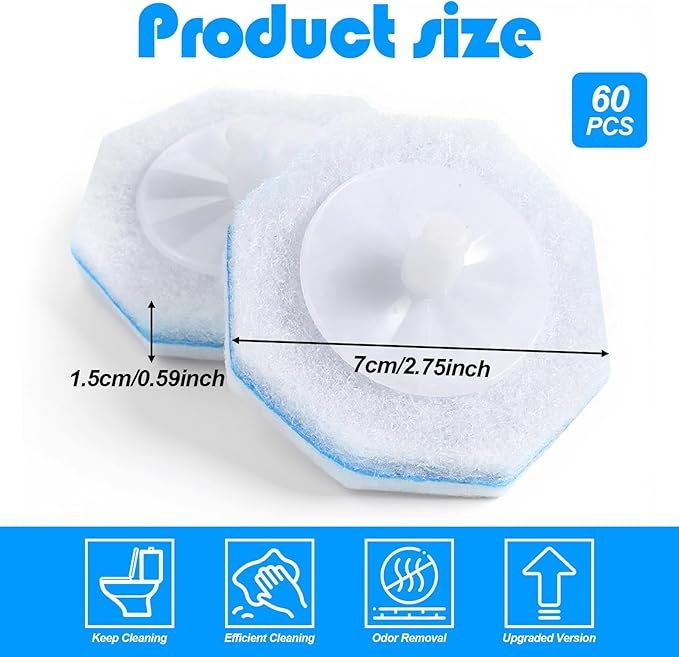 60 Counts Disposable Toilet Wand Refills Compatible with Most Bowl Brush Wand, Toilet Bowl Cleaner Refill Pads, Disposable Bathroom Toilets Brush Scrubber for Deep Cleaning Stain Removal
