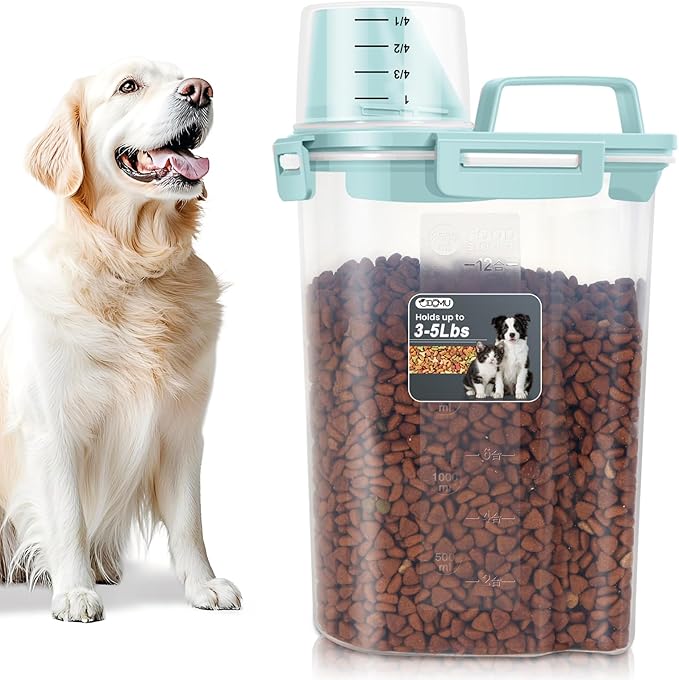 3-5LBS Upgraded Large Nozzle Cat Dog Food Storage Container BPA-free, Airtight Pet Food Storage Bin with 4 Lock Buckles, Sealing Gasket, Cup for Pet Food, Dog Treats, Rice, Flour, Dry-Blue