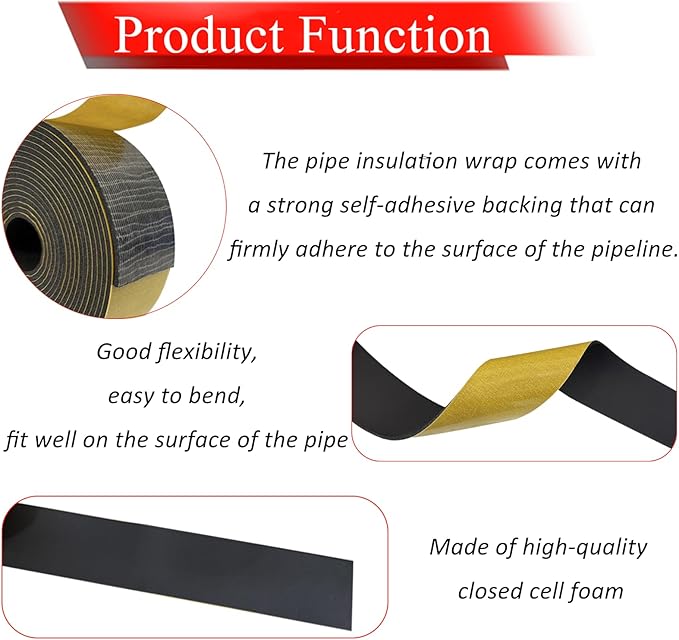 Foam Pipe Insulation Tape 2 Inch x 16.5 Feet, Self Adhesive Pipe Insulation Wrap Foam Tape 1/8 Inch Thick, AC Line Insulation Tube Cover for HVAC, Indoor and Outdoor Pipes, Protection