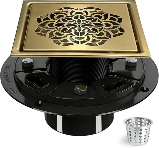 6 Inch Shower Drain, Square Shower Floor Drain Kit with Flange and Removable Cover Grate, AISI 304 Stainless Steel, Brushed Gold