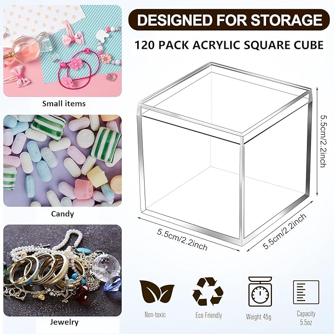 Tuanse 120 Pcs Acrylic Box with Lid Clear Small Acrylic Box Plastic Square Cube with Lid Mini Containers Display 2.2 x 2.2 x 2.2 Inch for Candy Pill Tiny Jewelry Toys Gifts