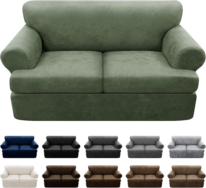 3-Pieces T Cushion Loveseat Slipcovers Leather Look Couch Cover Loveseat Covers for 2 Cushion Couch Furniture Protector Stretch Sofa Cover with 2 Individual T Cushion Seat Covers, Army Green